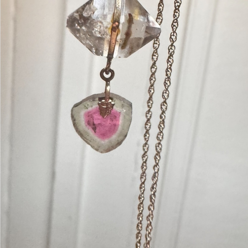 Rare solid 14k gold genuine watermelon tourmaline/herkimer diamond necklace$1890 - Picture 5 of 14